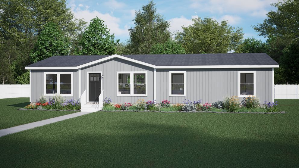 Modern single-story gray house with white trim, dark roof, front windows, and a small flower-lined walkway