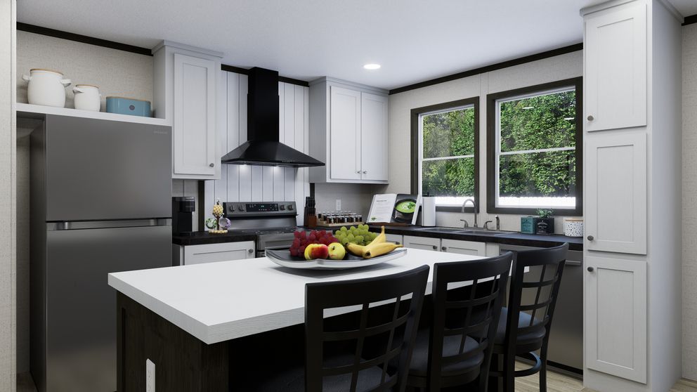 Modern kitchen with white cabinets, stainless fridge, black island chairs, and fruit bowl by a window