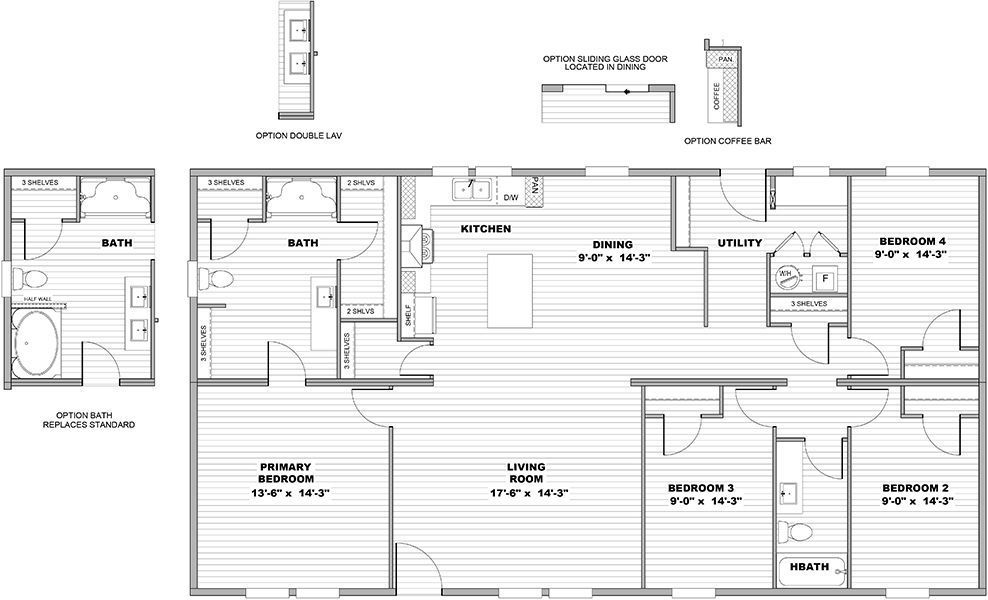 Black-and-white house floor plan with labeled rooms and measurements