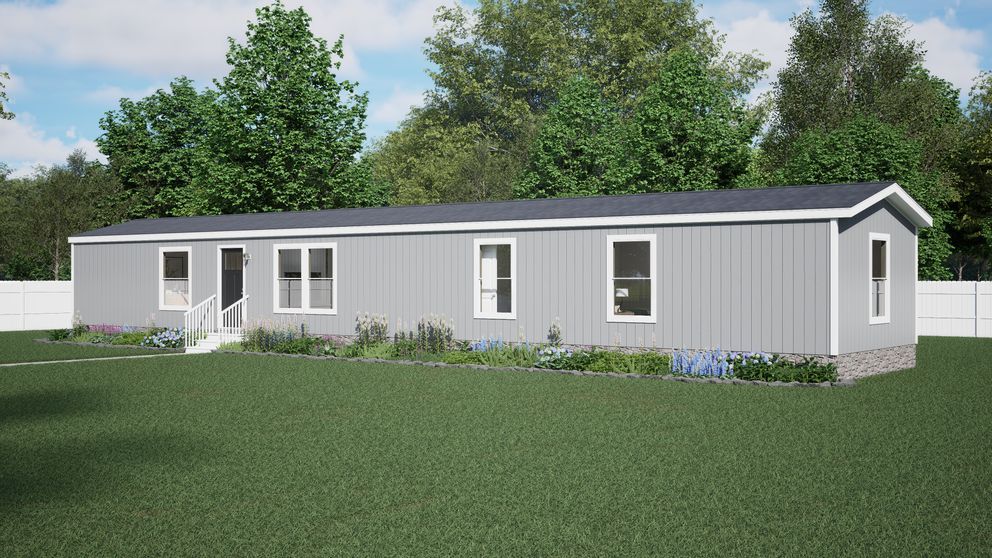 Modern gray single-story house with white trim and front porch on a grassy lot