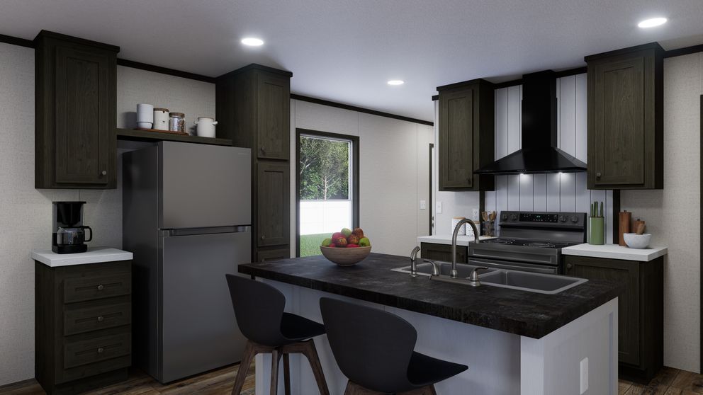 Modern kitchen with dark cabinets, gray island, stainless appliances, and two bar stools