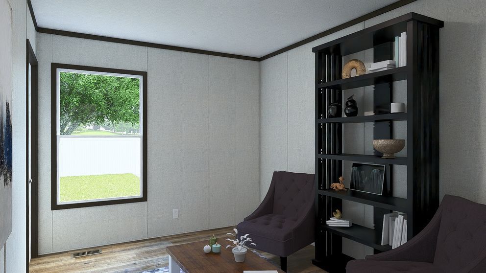 Modern living room with a window, dark bookshelf, and two chairs by a rug