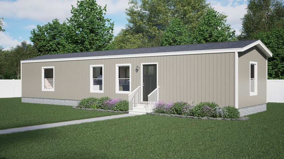 Single-story beige modular home with gray roof, white trim, and a small front porch on a grassy lot