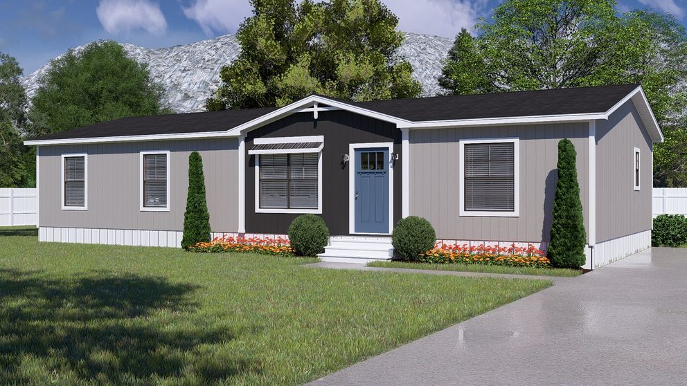 Gray single-story house with a dark roof, white trim, front steps, and a small landscaped lawn.