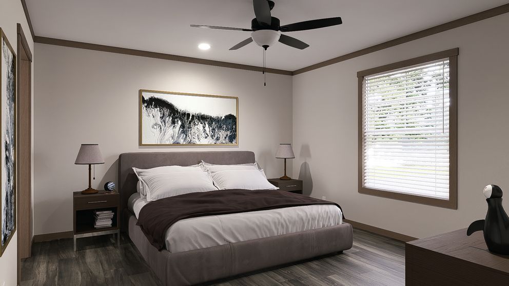 Modern bedroom with a bed, nightstands, ceiling fan, framed art, and a window with blinds.