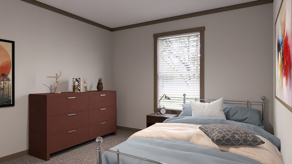 Small bedroom with a bed, dresser, window blinds, and framed wall art.