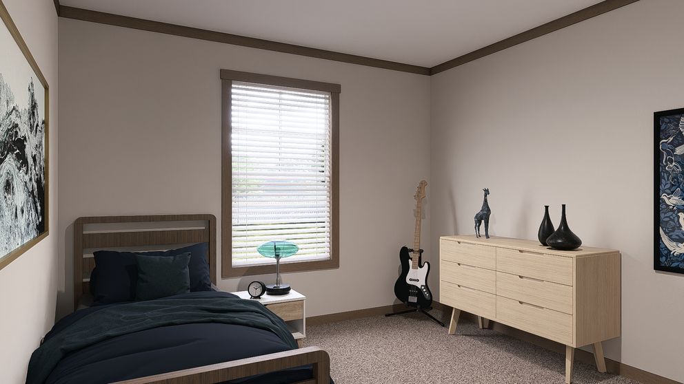 Cozy bedroom with a bed, window blinds, dresser, and wall art in neutral tones
