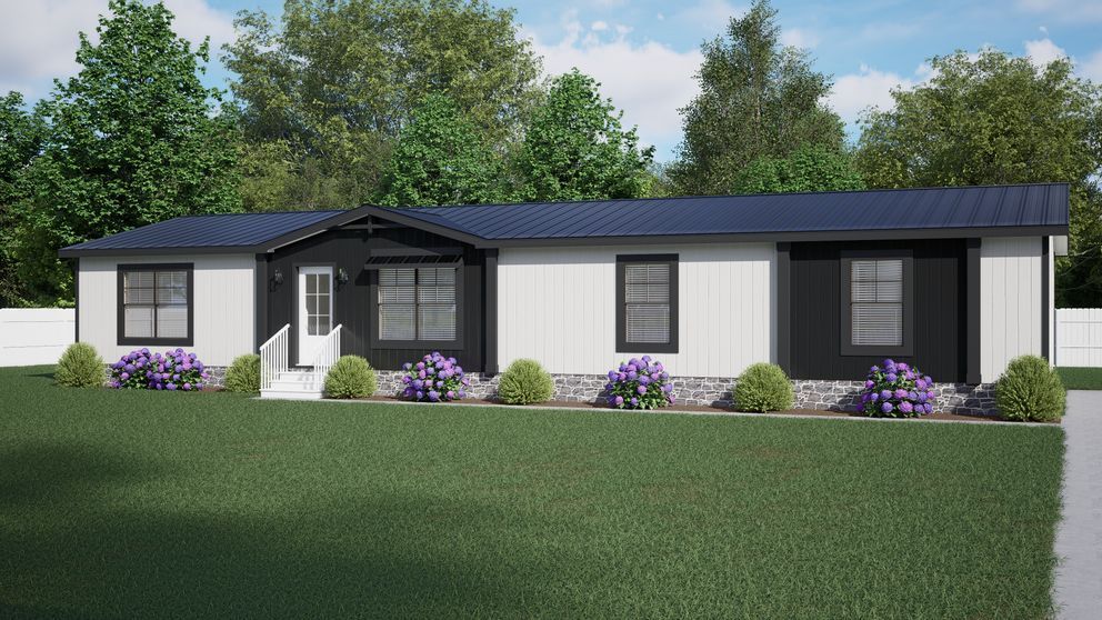 Modern single-story house exterior with white and dark gray siding, black roof, and front flower beds