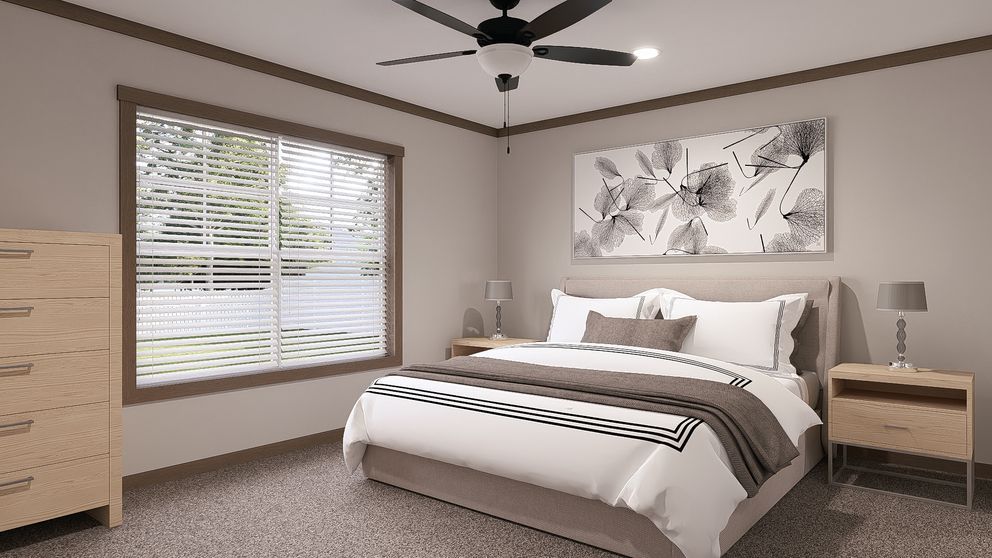 Bright bedroom with a bed, nightstand, ceiling fan, window blinds, and floral wall art.