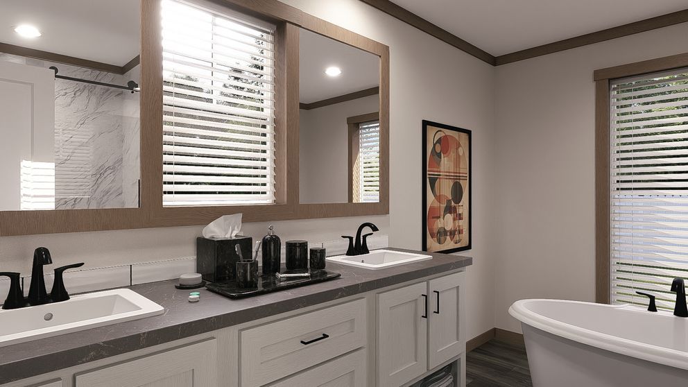 Modern bathroom vanity with double sinks, large mirror, and window blinds, in neutral tones