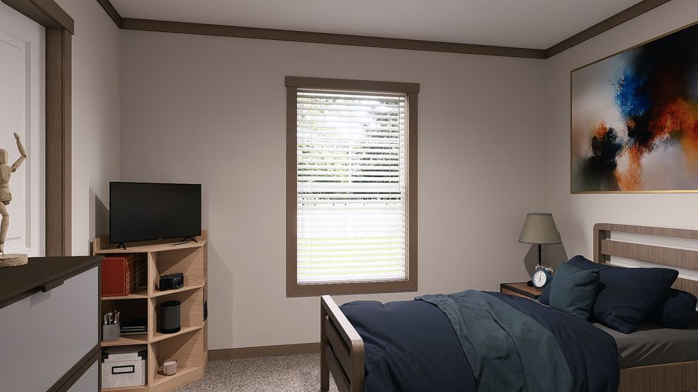 Cozy bedroom with a bed, TV, nightstand, window blinds, and abstract wall art