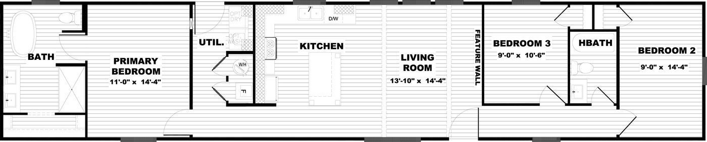Floor plan of a home with labeled rooms, including kitchen, living room, bedroom, bathroom, and laundry.