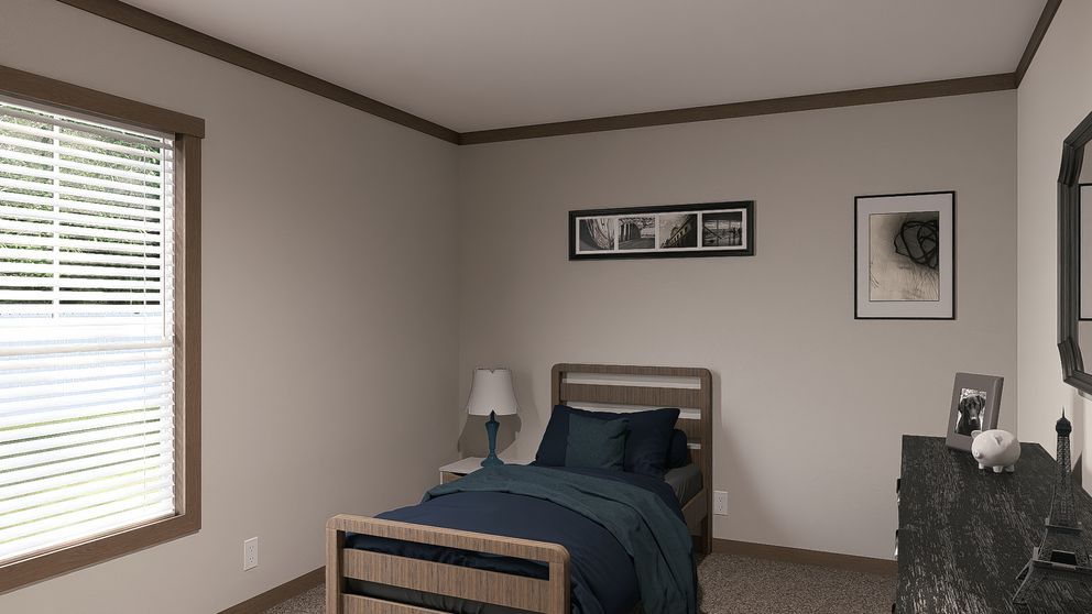 Small bedroom with a single bed, window blinds, bedside lamp, and framed wall art.