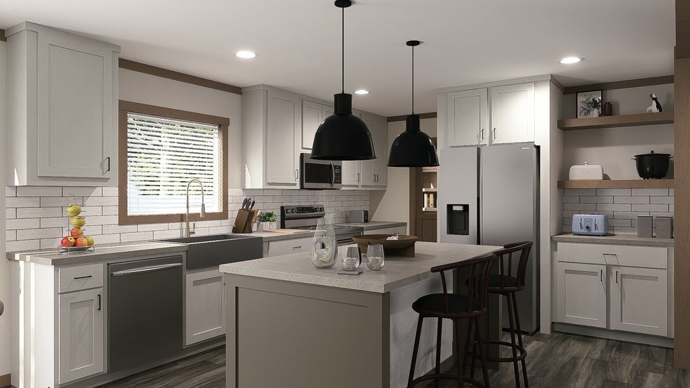 Bright modern kitchen with white cabinets, island, pendant lights, stainless appliances, and bar stools.