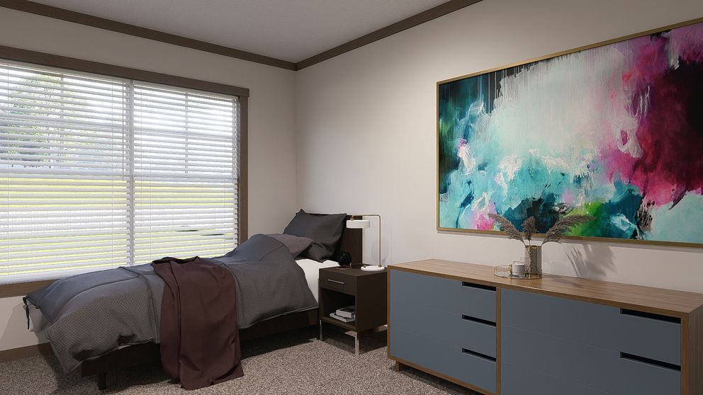 Bedroom with bed, dresser, window blinds, and colorful abstract wall art