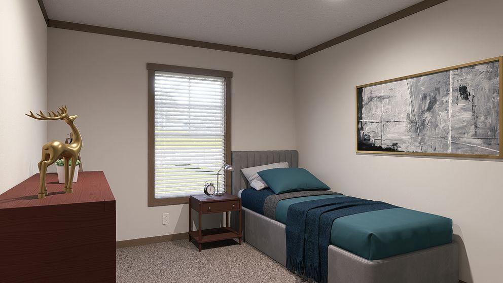Bedroom with a single bed, window blinds, dresser with gold deer sculpture, and framed wall art.