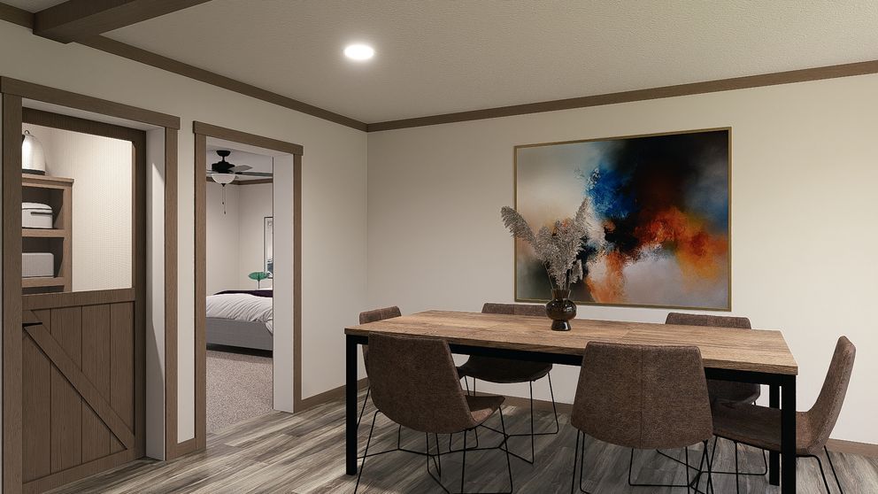 Modern dining room with wooden table, four chairs, and abstract wall art; doorway opens to another room.