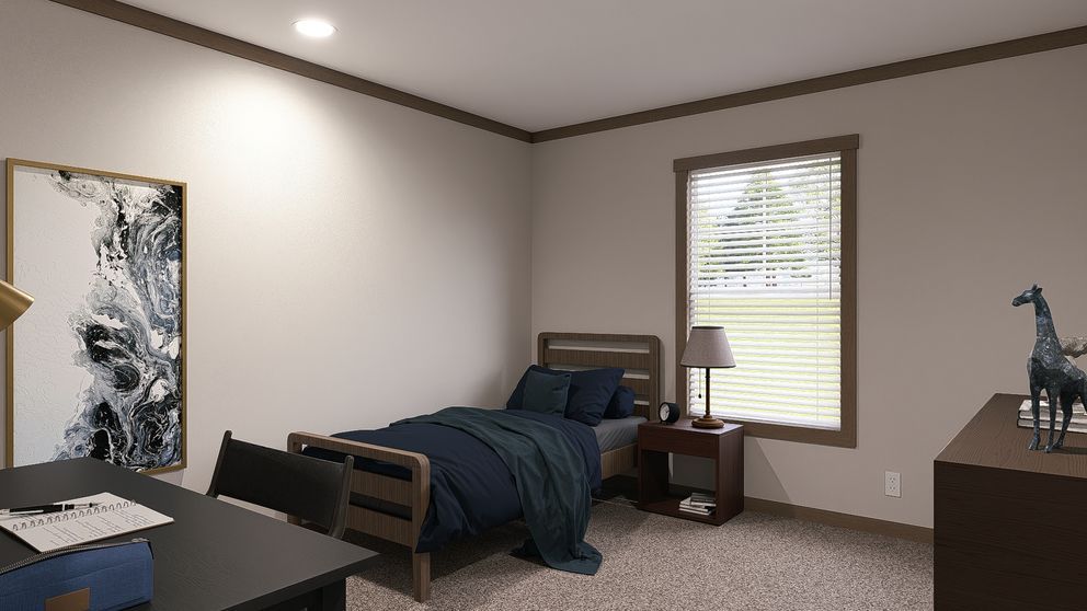 A tidy bedroom with a single bed, nightstand, window, dresser, and framed wall art.