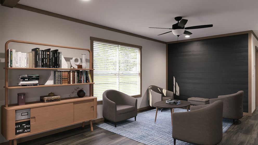 Modern office lounge with gray chairs, wood shelving, and a dark accent wall.