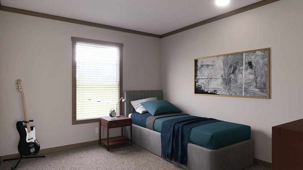 Minimal bedroom with single bed, guitar by the window, and a desk beside a framed wall art piece
