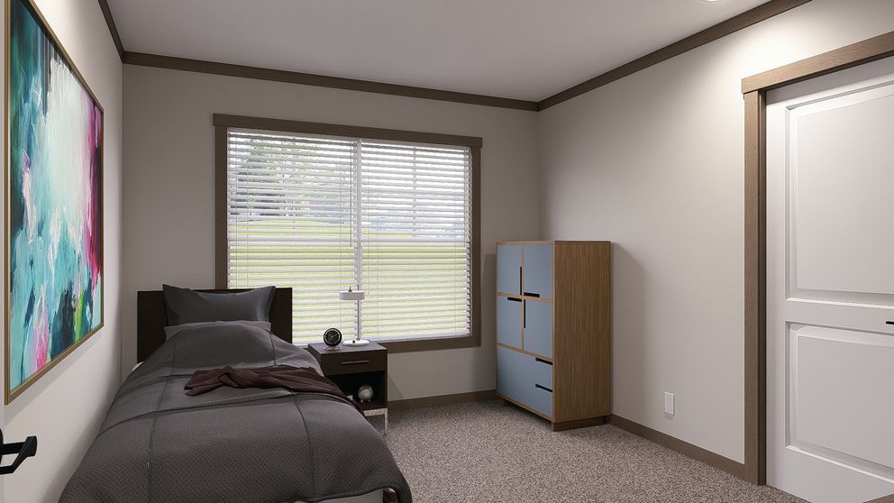 A tidy bedroom with a bed, window, small dresser, and white closet doors.