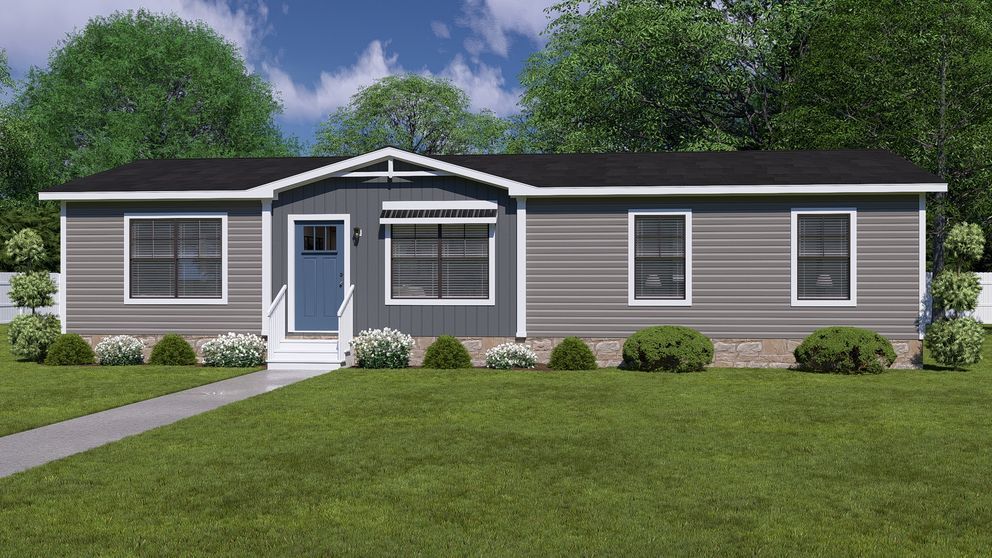 Single-story gray house with blue trim, front lawn, and walkway under a cloudy sky