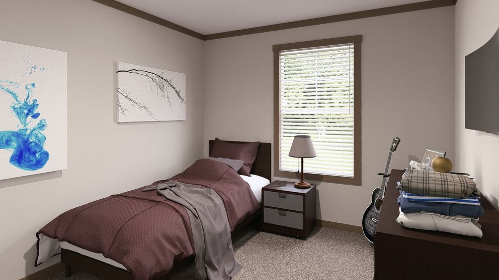 Small bedroom with a bed, nightstand, window blinds, wall art, and a guitar by a dresser.