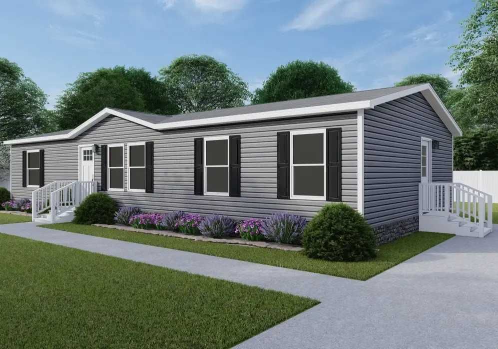 Modern gray single-story house with white trim, black shutters, and a front porch