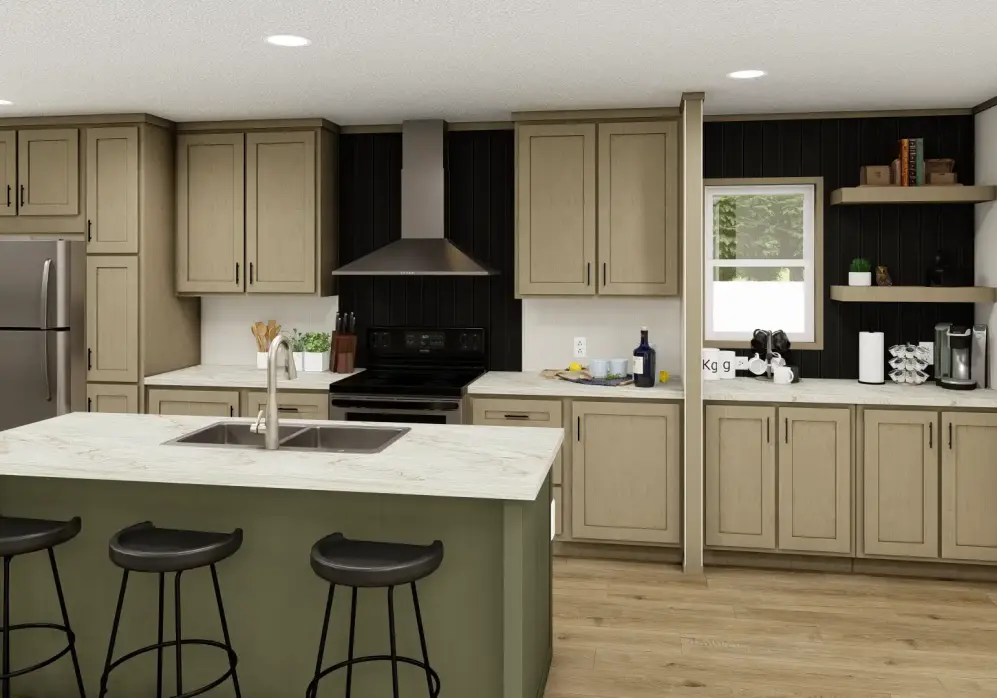Modern kitchen with green island, white cabinets, black stools, and a stainless range hood