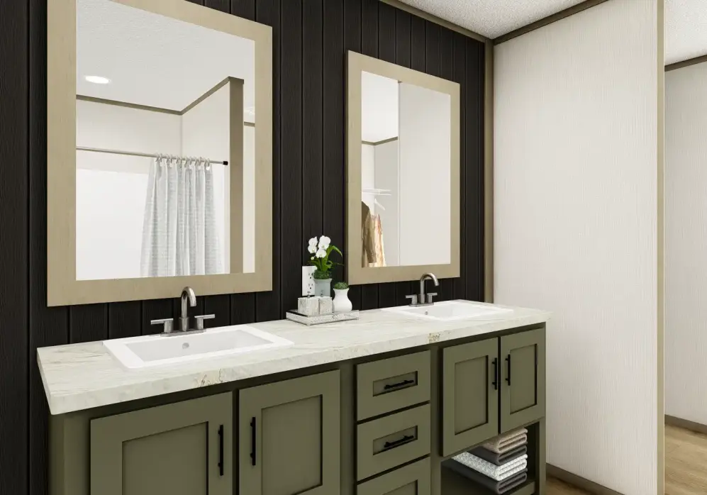 Modern bathroom vanity with two sinks, olive cabinets, and framed mirrors on a neutral wall