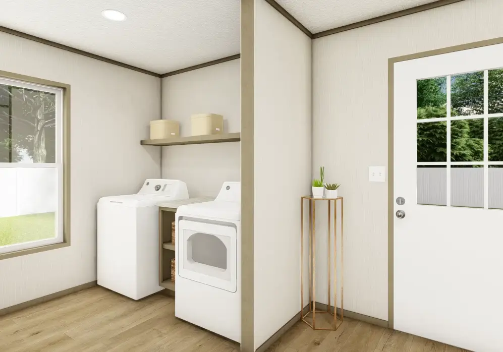 Small laundry room with a washer, dryer, shelf, window, and glass-paneled door.