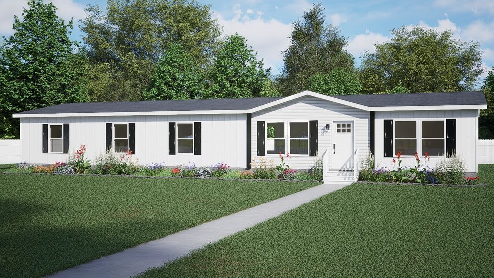 Single-story white house with black shutters, front porch, and a walkway across a green lawn.