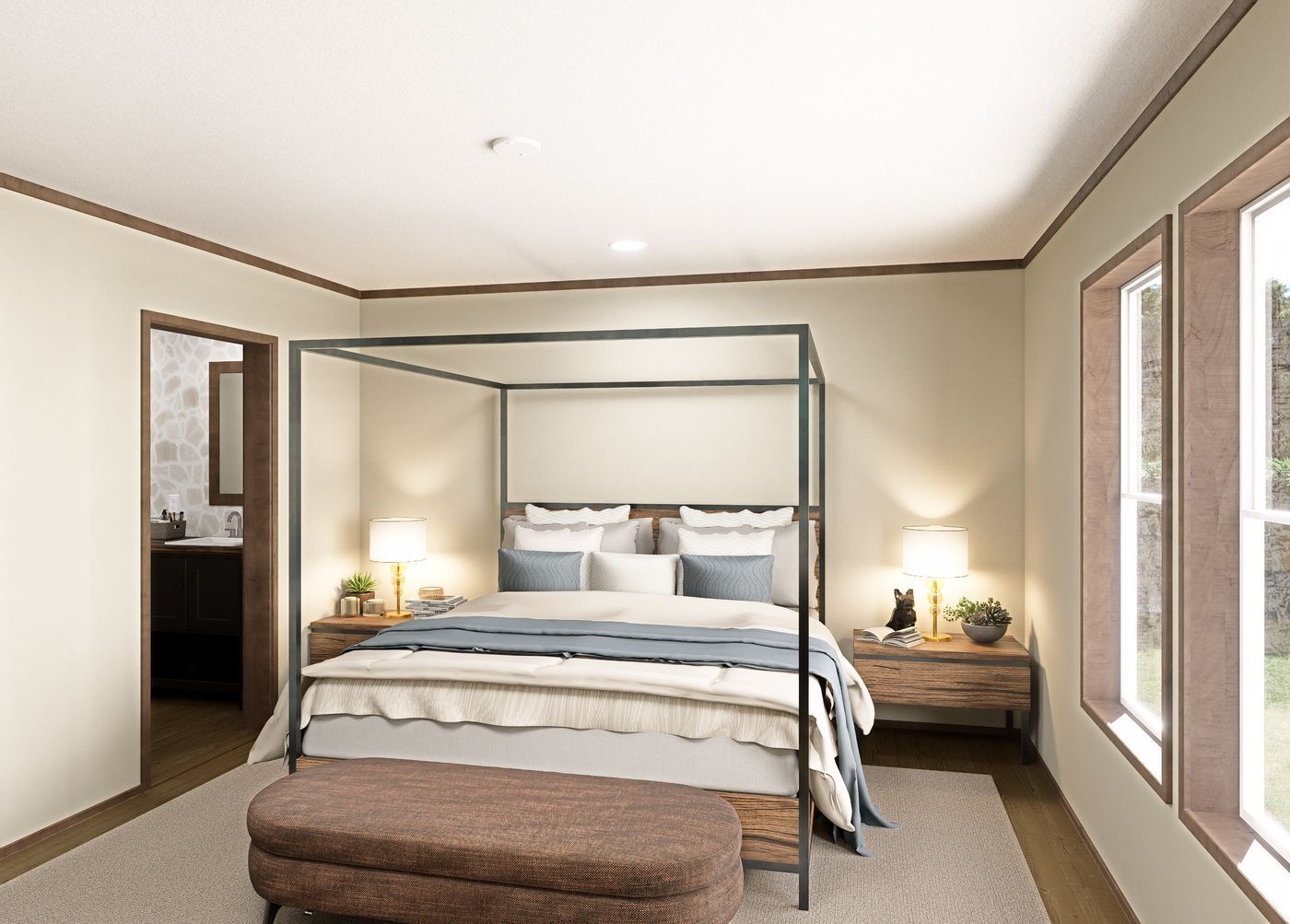 Bright bedroom with a four-poster bed, bedside lamps, bench, and large windows.