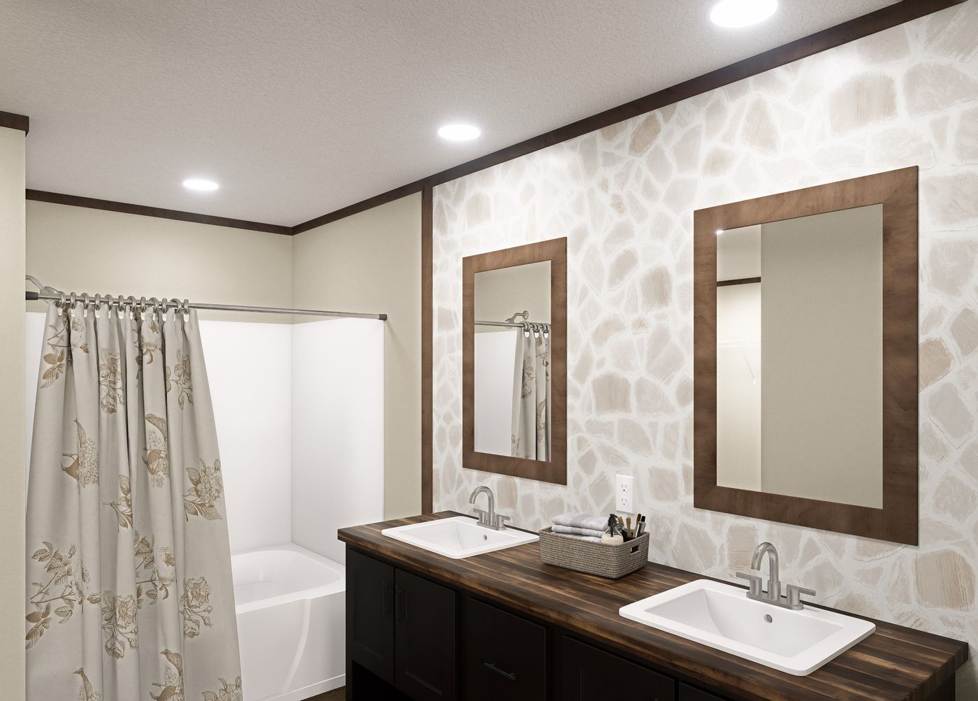 Bright bathroom vanity with dual sinks, mirrors, and a shower curtain in a softly lit neutral interior