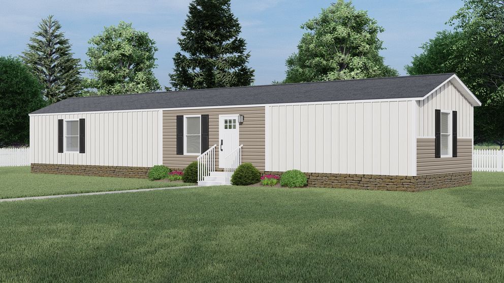 Modern single-story white house with gray roof, front porch, and green lawn under trees