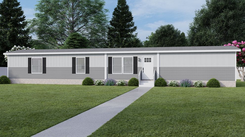 Single-story white house with gray shutters, front walkway, and green lawn under trees.