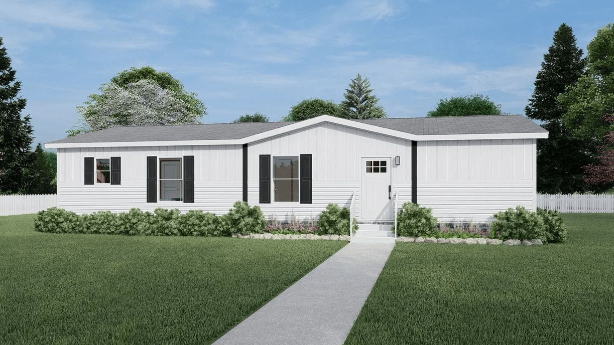 White single-story house with dark shutters, front lawn, and a walkway leading to the entrance