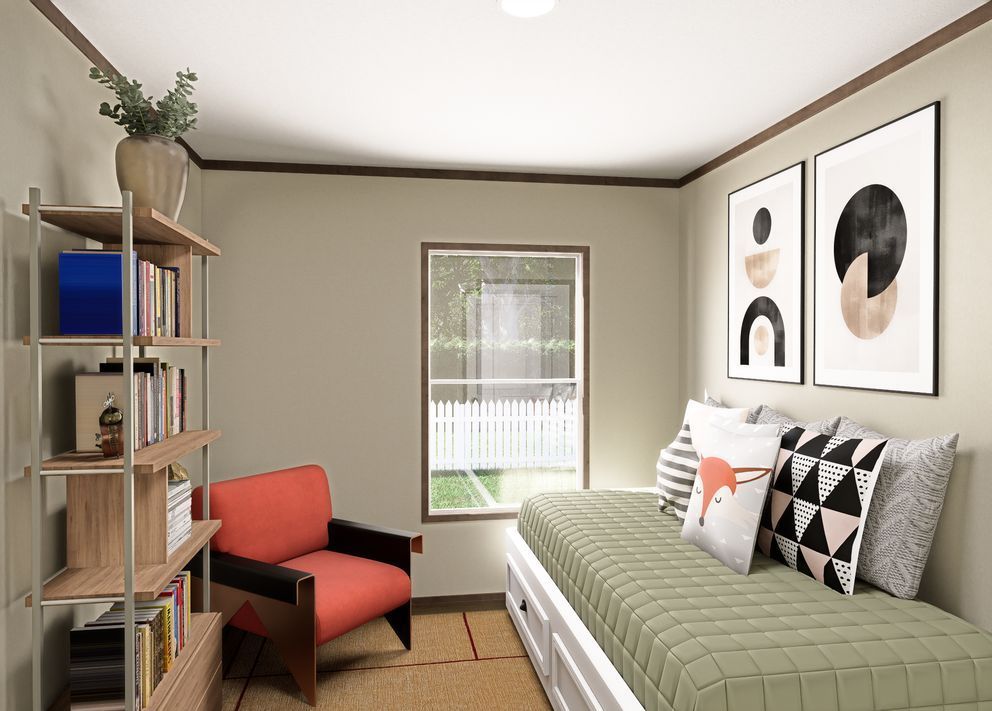 Small bedroom with a bed, red chair, bookshelf, and abstract wall art in neutral tones