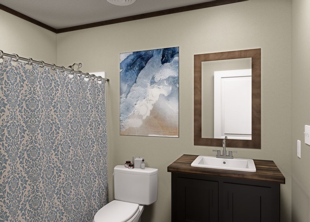 Small bathroom with shower curtain, toilet, sink, and wall art.