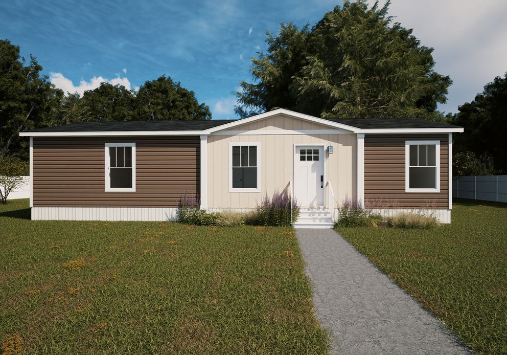 Single-story tan house with white trim, centered front door, and a gravel walkway across a grassy yard.