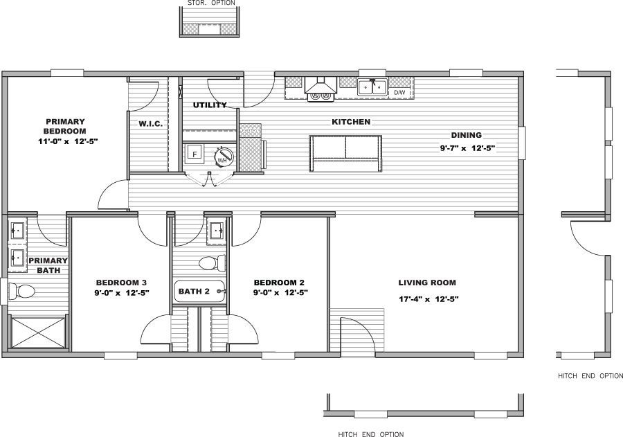 Black-and-white floor plan of a small apartment with kitchen, living room, and two bedrooms.