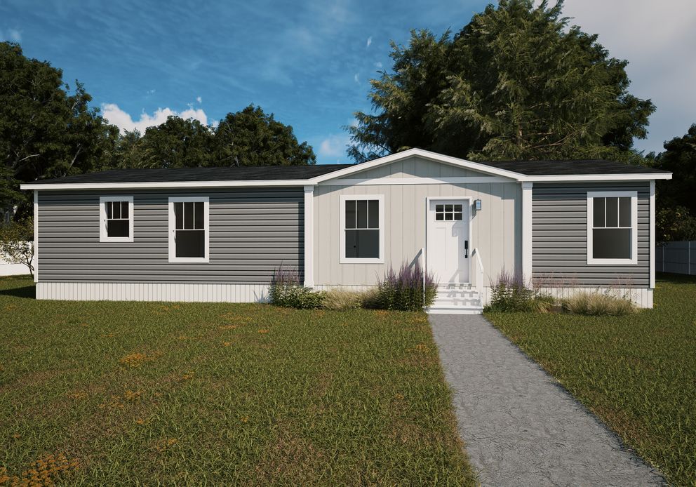 Single-story gray house with white trim and a front walkway under a blue sky