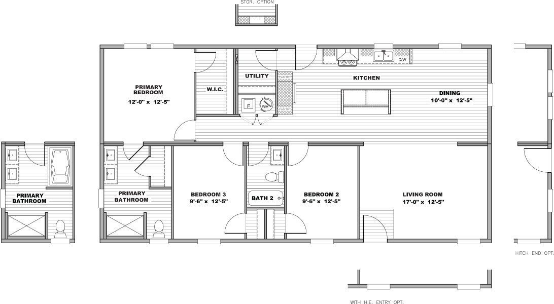 Black-and-white architectural floor plan with labeled rooms, doors, and measurements