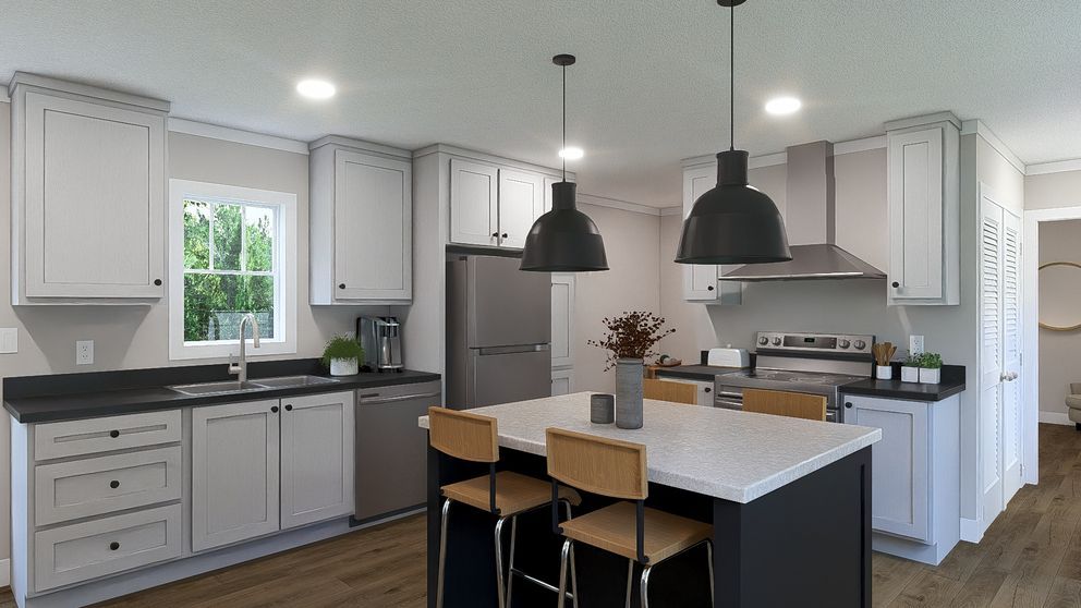 Bright modern kitchen with white cabinets, black pendants, island, and dining stools
