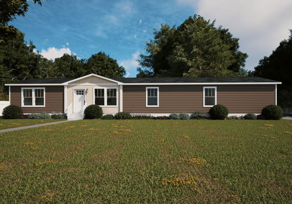 Single-story brown house with white trim and a large front lawn under a partly cloudy sky