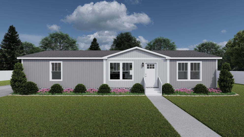 Single-story gray house with white trim, front porch, and a walkway across a green lawn.