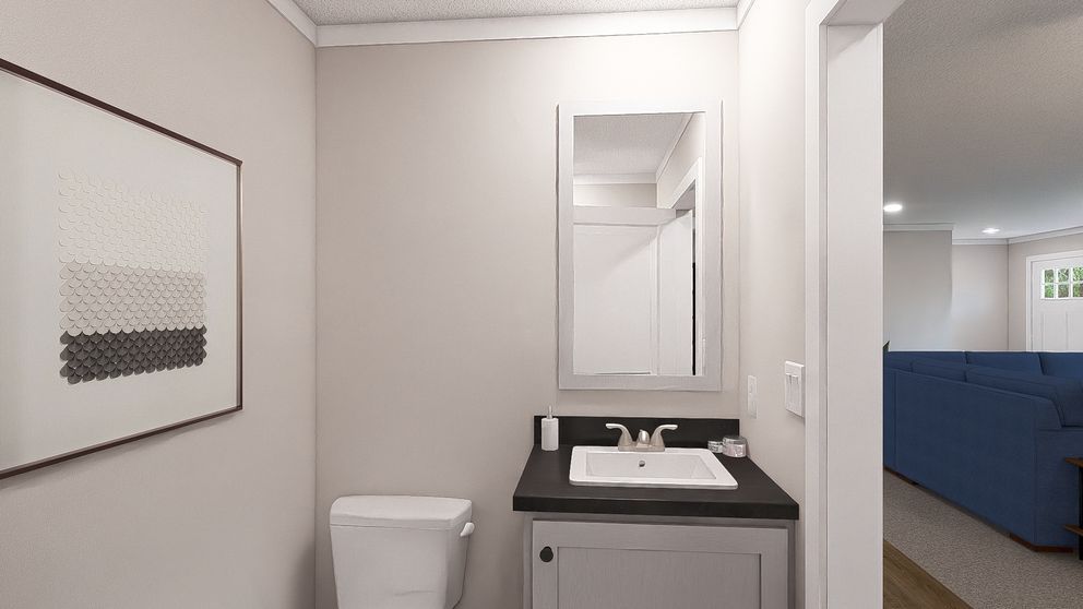 Small bathroom with white walls, vanity sink, mirror, toilet, and doorway to a living room with a blue couch.