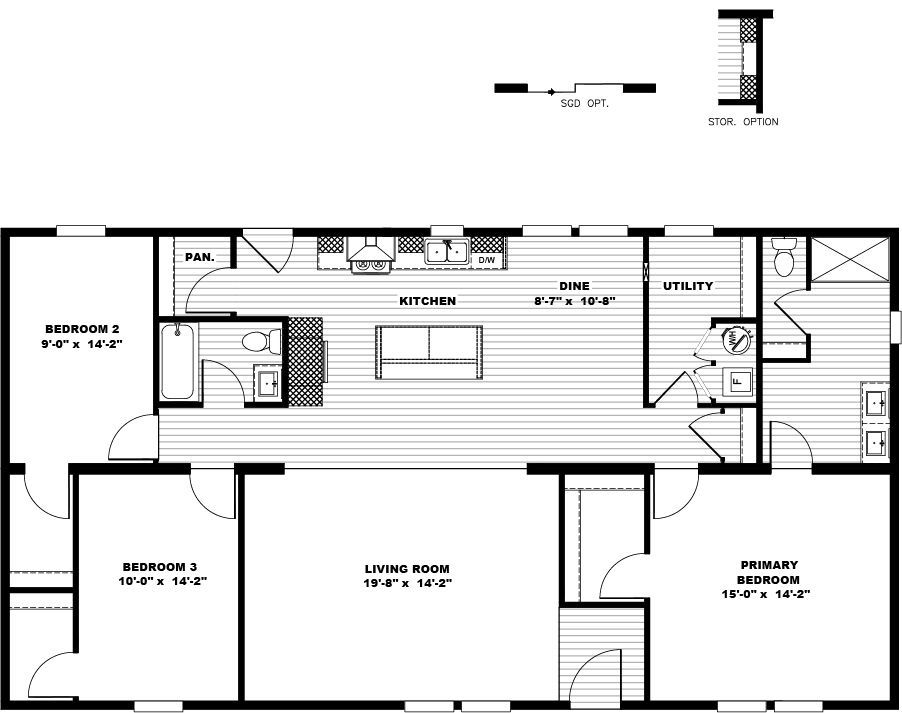 Black-and-white floor plan of a house with kitchen, dining, living room, bedrooms, baths, and garage.