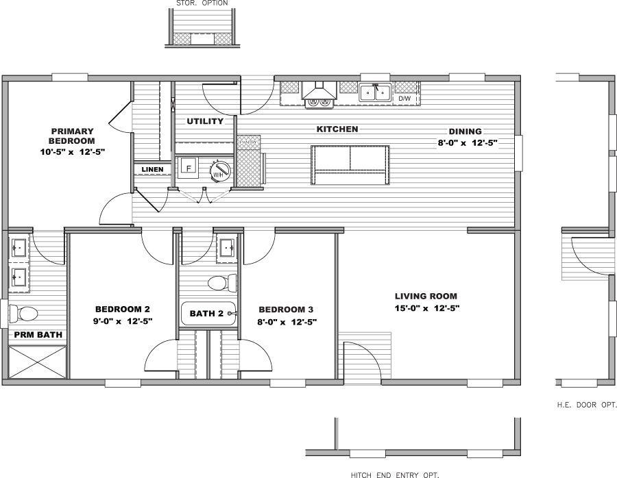 Black-and-white floor plan of a house with labeled rooms, kitchen, dining, living room, bedrooms, and baths