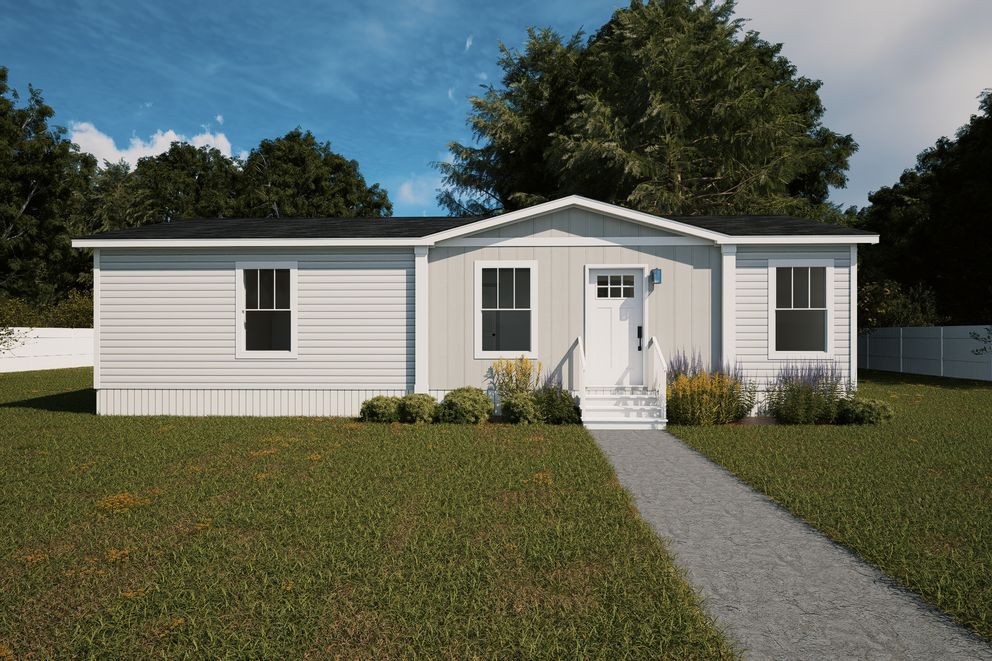 Single-story white house with a front porch, gray roof, and a walkway across a grassy yard.